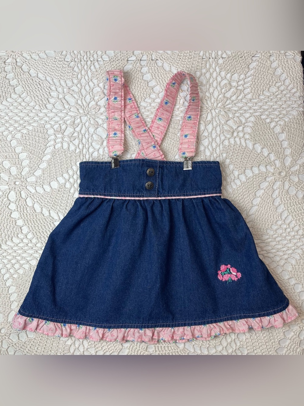 Vintage 1980s Healthtex Girls 5 Years Floral Denim Suspender Skirt